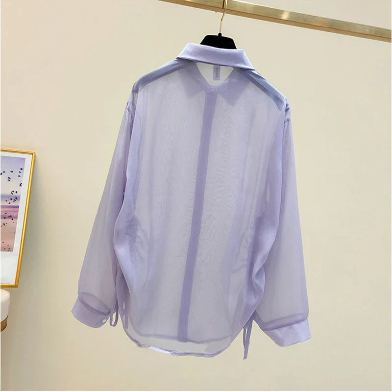 Women's Drawstring Long Sleeve White Sunscreen Shirt Lightweight Summer Chiffon Blouse Plus Size Casual Tops