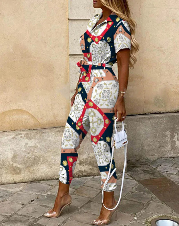 Summer Casual Women's Jumpsuit with Lapel Collar Printed Waistband and Stylish Buckle Detail