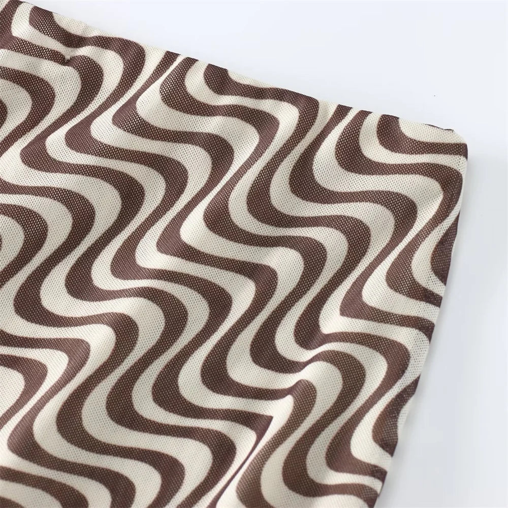 Women's Silk Screen Print Hanging Neck Open Back Top with High Waist Slimming Skirt Set Summer Fashion Two-Piece Outfit