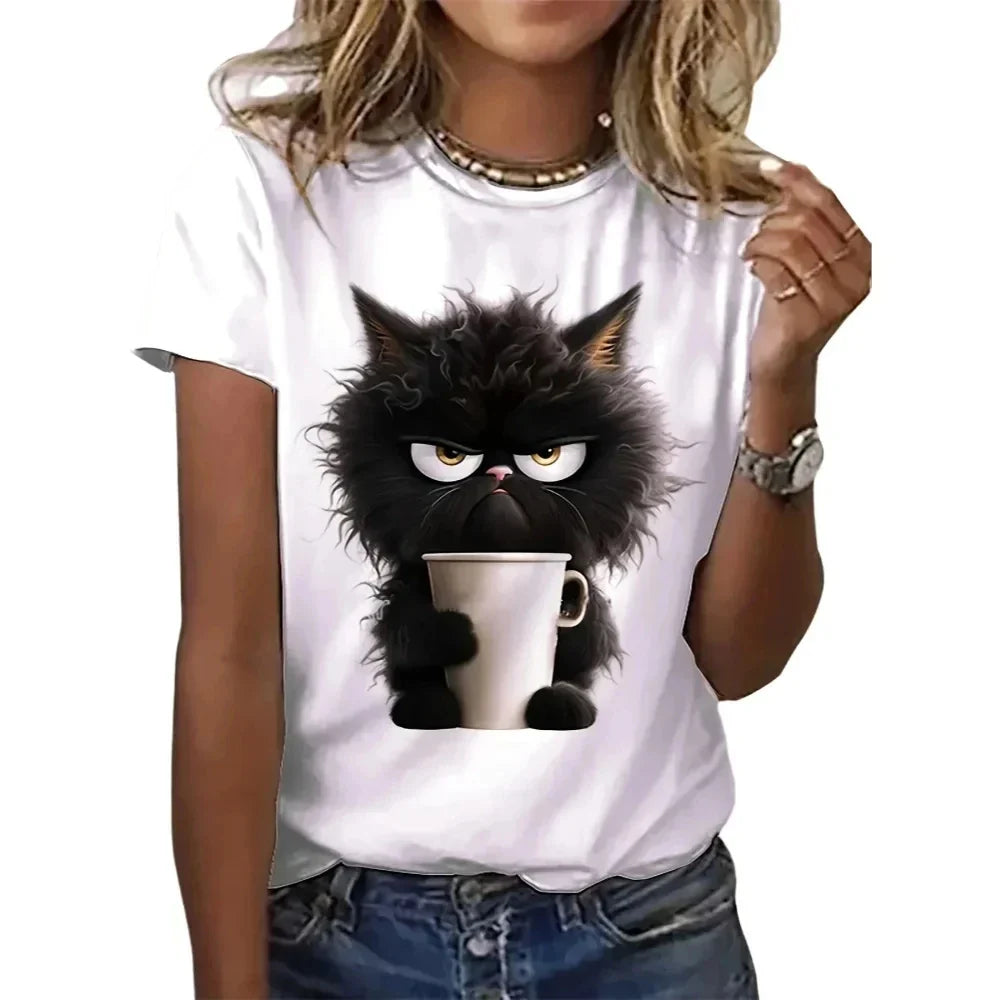 Funny Cat Print Summer T-Shirt for Women Casual Short Sleeve O Neck Top Animal Lover Apparel