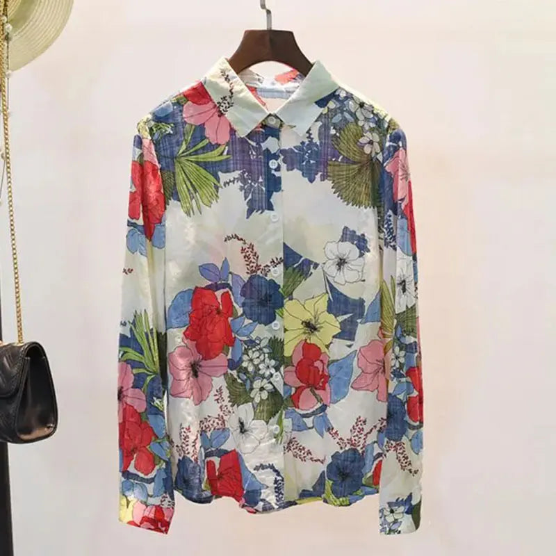 Blue Floral Print Vintage Polo-Neck Long Sleeve Single Breasted Women's Blouse Casual Stylish Top