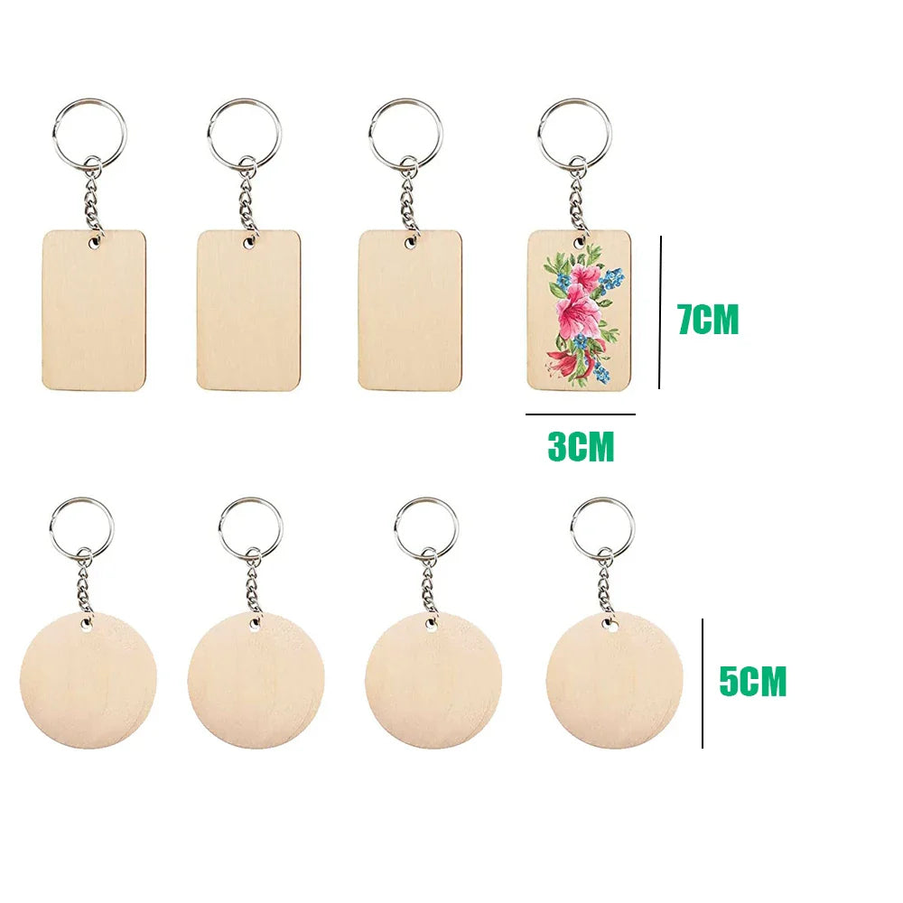 30 Piece Wooden Keychain Blanks Set with Rectangle and Round Ornaments for DIY Crafts