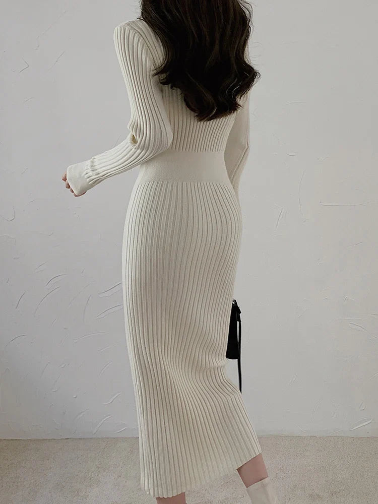 Knit Sweater Dress For Women V Neck Maxi With Buttons