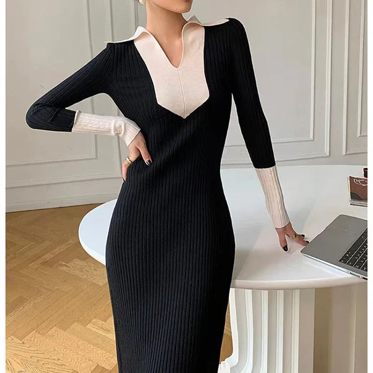 Korean Style Knit Dress Long Sleeve Color Block Lace