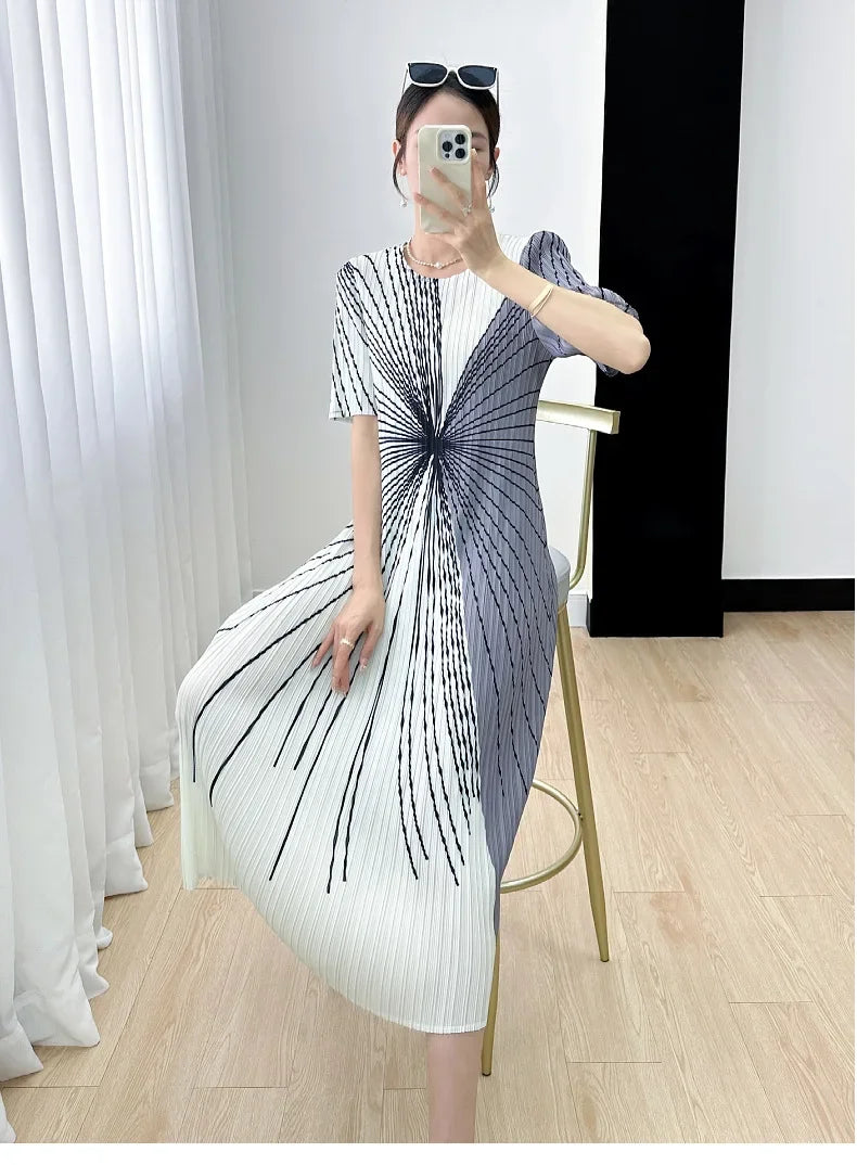 Women Pleated Dress Black White Print O Neck Short Sleeve