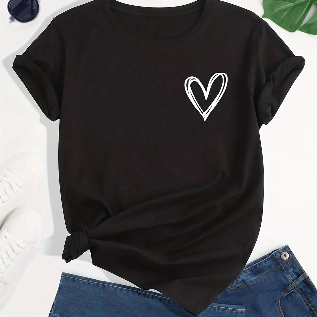 Heart Print Casual T-Shirt for Women, Crew Neck Short Sleeve Everyday Top