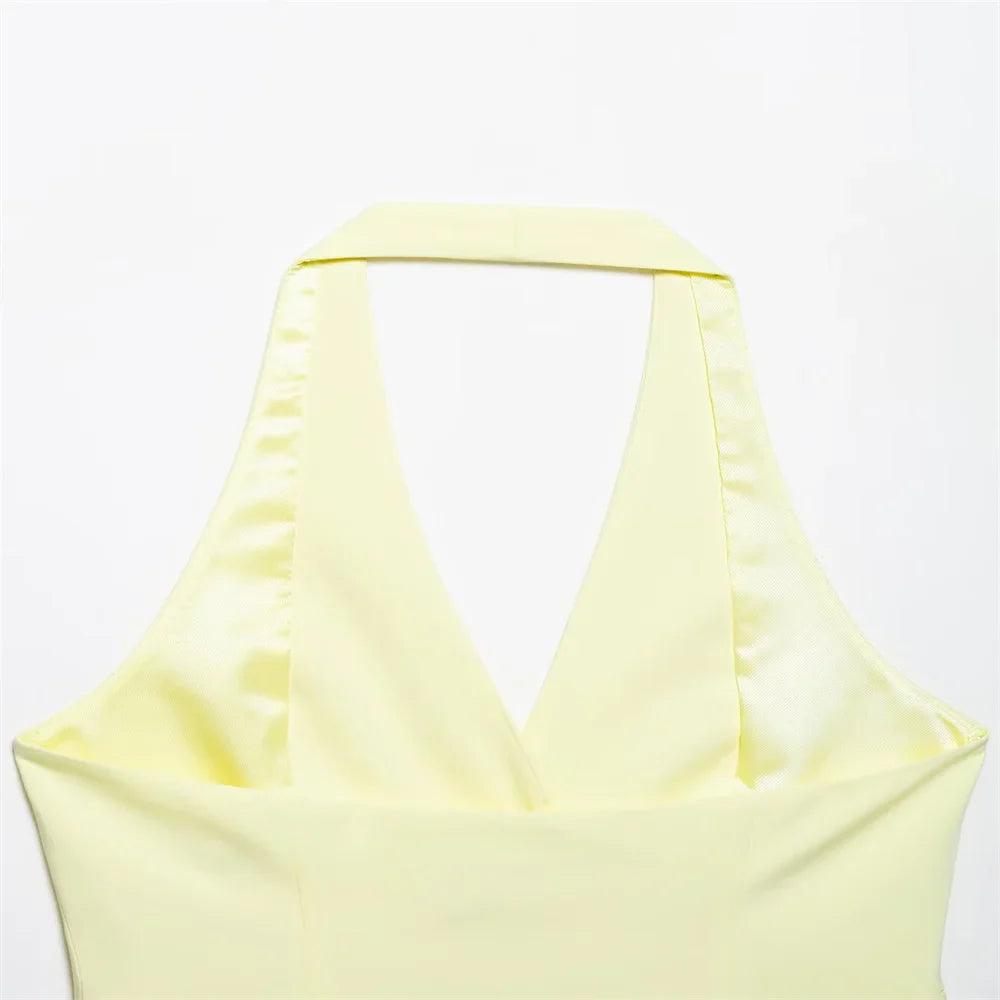 Womens Light Yellow Suit Set Halter Vest with Gold Buttons and Pleated Wide Leg Pants Stylish Ensemble