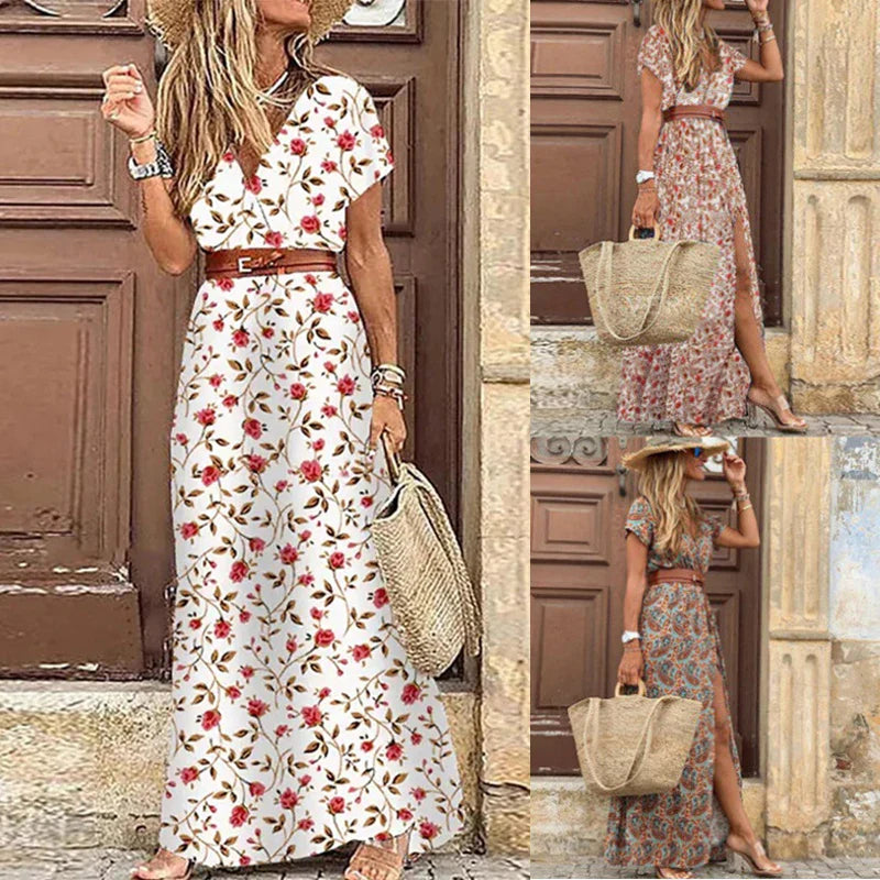 V Neck Midi Dress With Slit Retro Vintage Print Belted