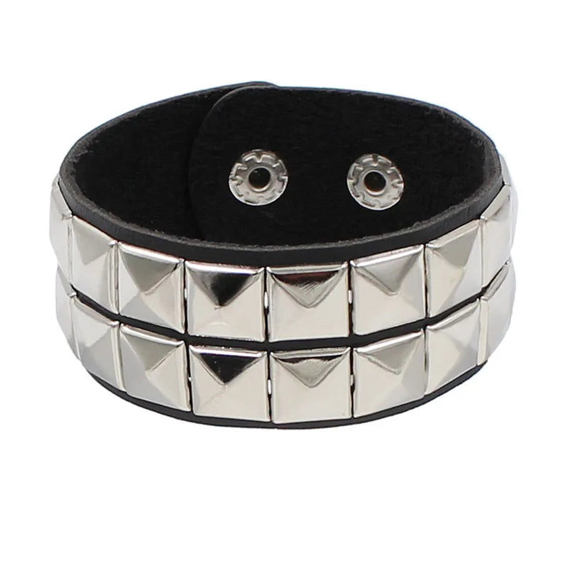 90s Fashion Punk Style Spiked PU Leather Bracelet with Square Studs and Multi-Row Design