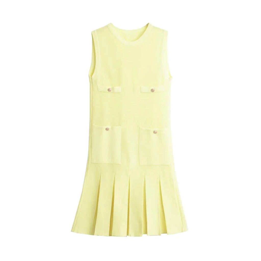Yellow Knit Pleated Hem Mini Dress With Front Pockets