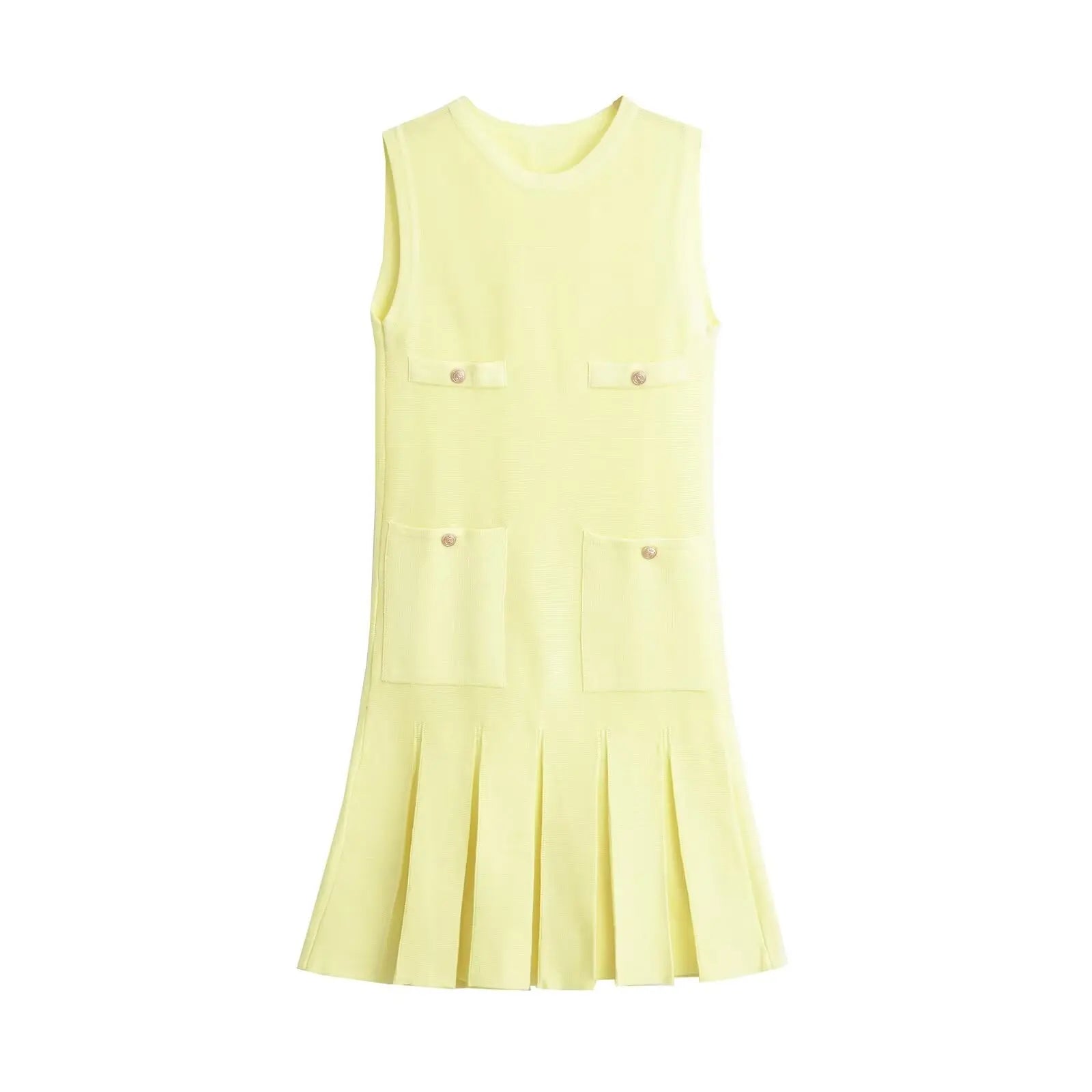 Yellow Knit Pleated Hem Mini Dress With Front Pockets
