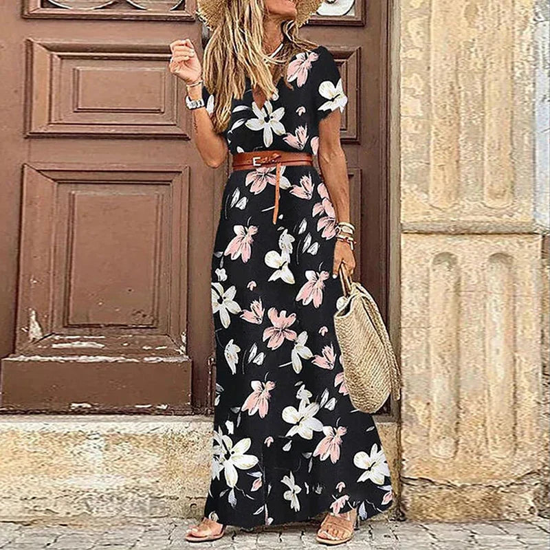V Neck Midi Dress With Slit Retro Vintage Print Belted