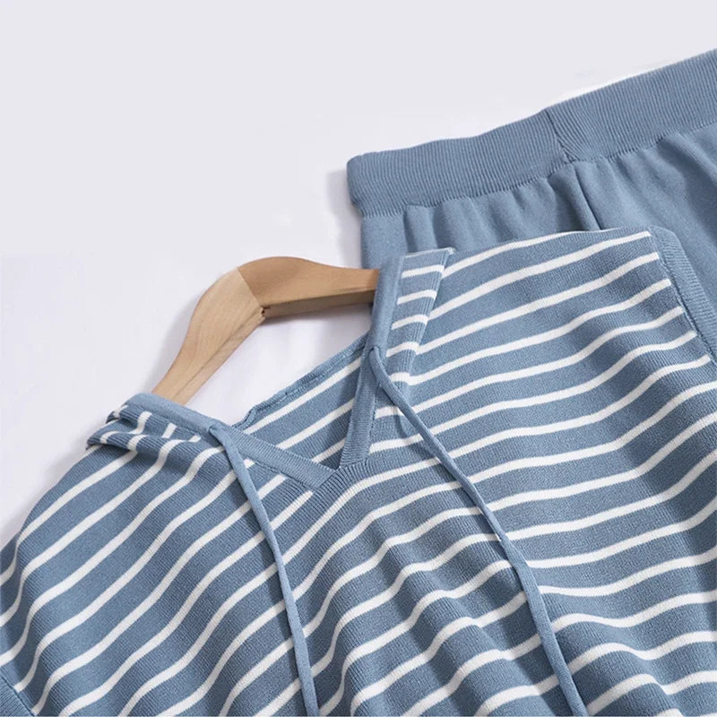 Women Casual Summer V-Neck Striped Tank Top and High Waist Wide Leg Pants Set