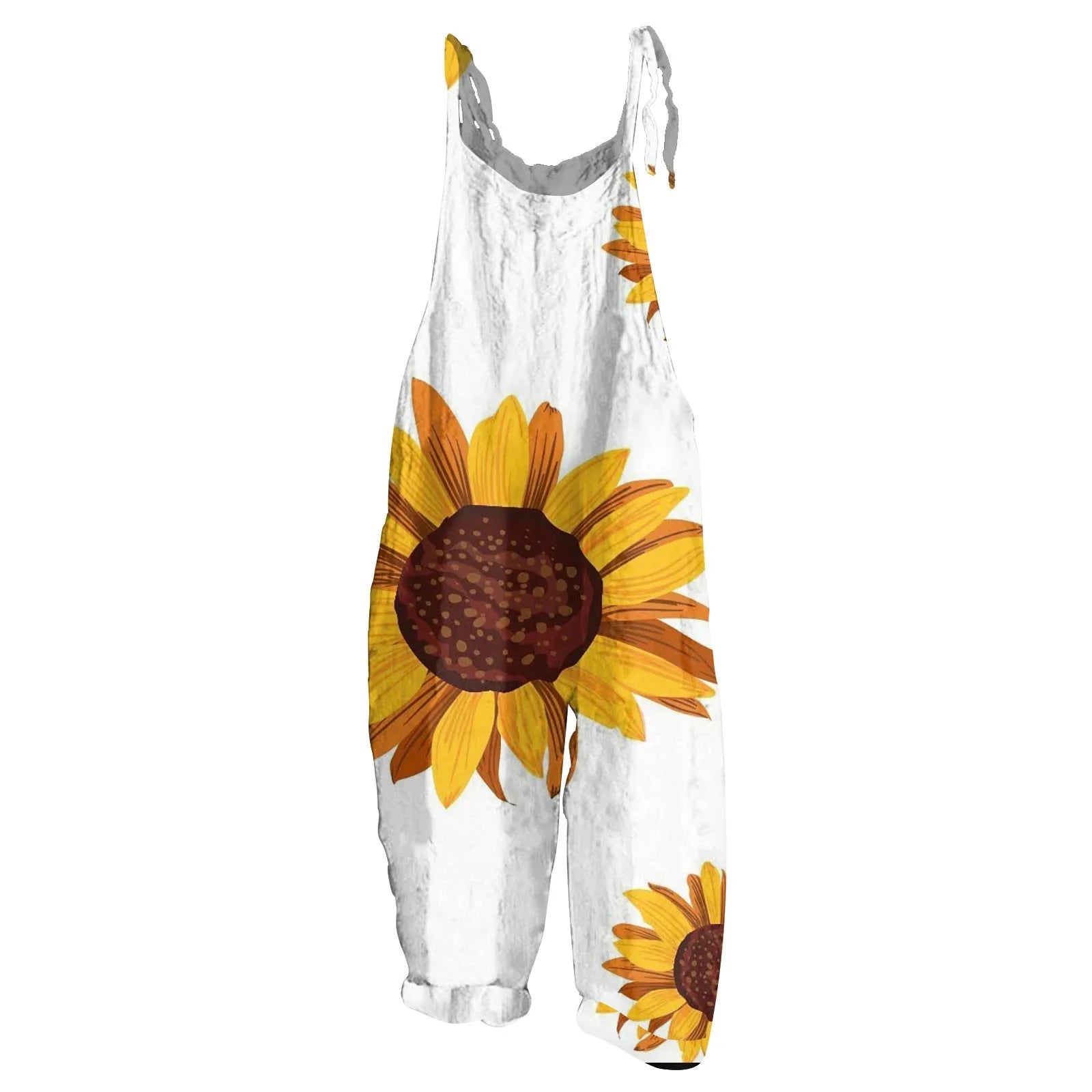 Sunflower Print Slim Fit Cotton Linen Overalls Women Casual Loose Jumpsuit Stylish Romper with Adjustable Shoulder Straps Comfortable Everyday Wear