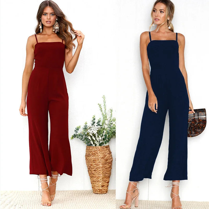 Women Sleeveless Bib Dungarees Jumpsuit Casual Loose Fit Solid Color Wide Leg Overalls with Spaghetti Straps for Autumn