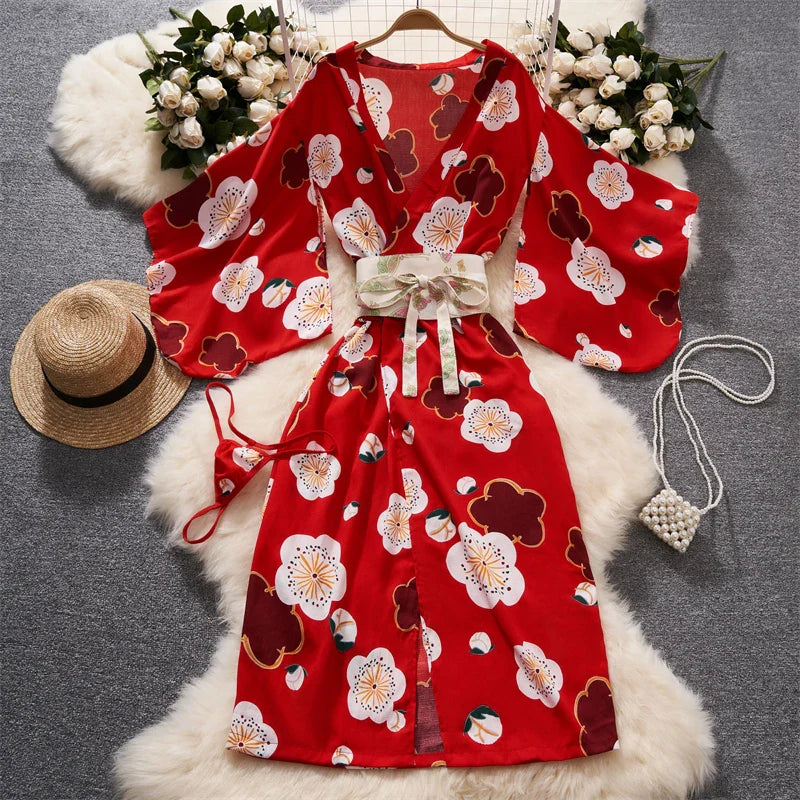 Red Kimono Cardigan For Women See Through Lace Up Dress