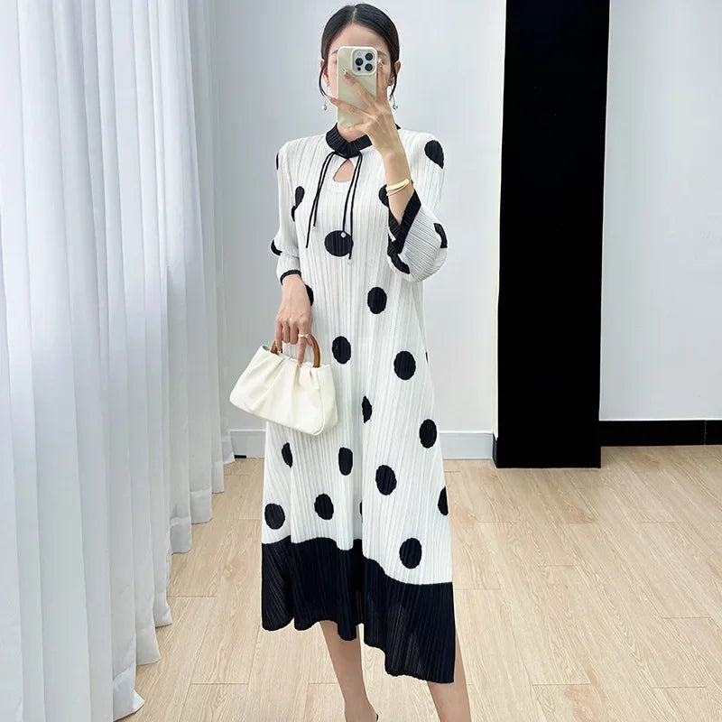 Polka Dot Pleated Dress for Women with Stand Collar