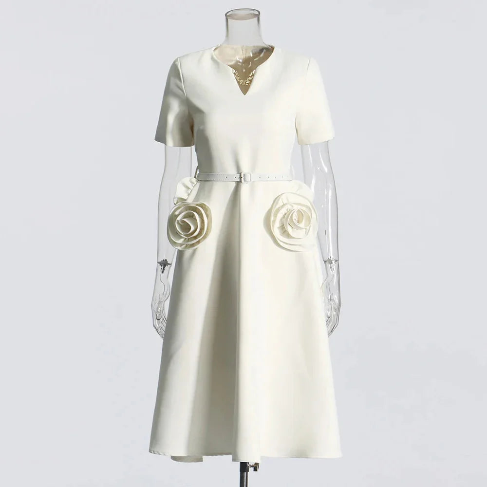 Hollow Out Patchwork Dress For Women V Neck Long Belted