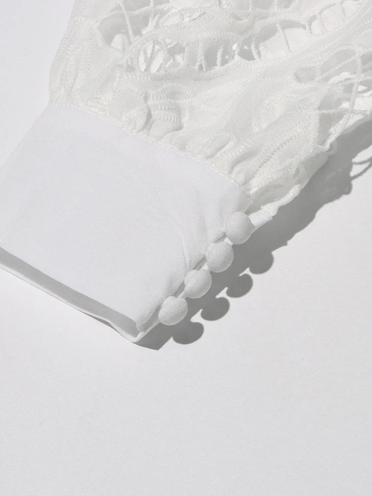 Patchwork Lace Hollow Dress Belted Lantern Sleeve For Women