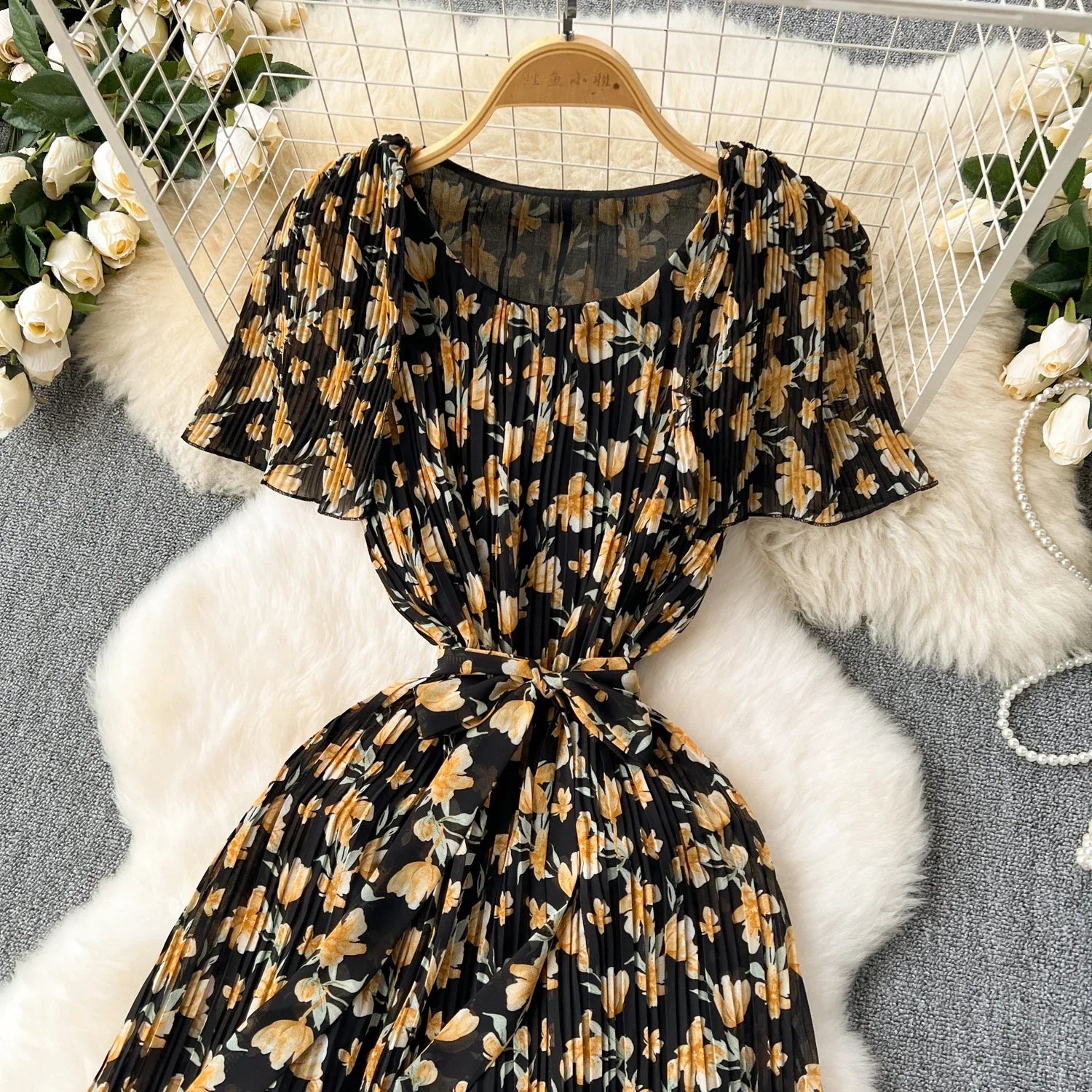 Retro Floral Chiffon Midi Dress With Ruffle Details