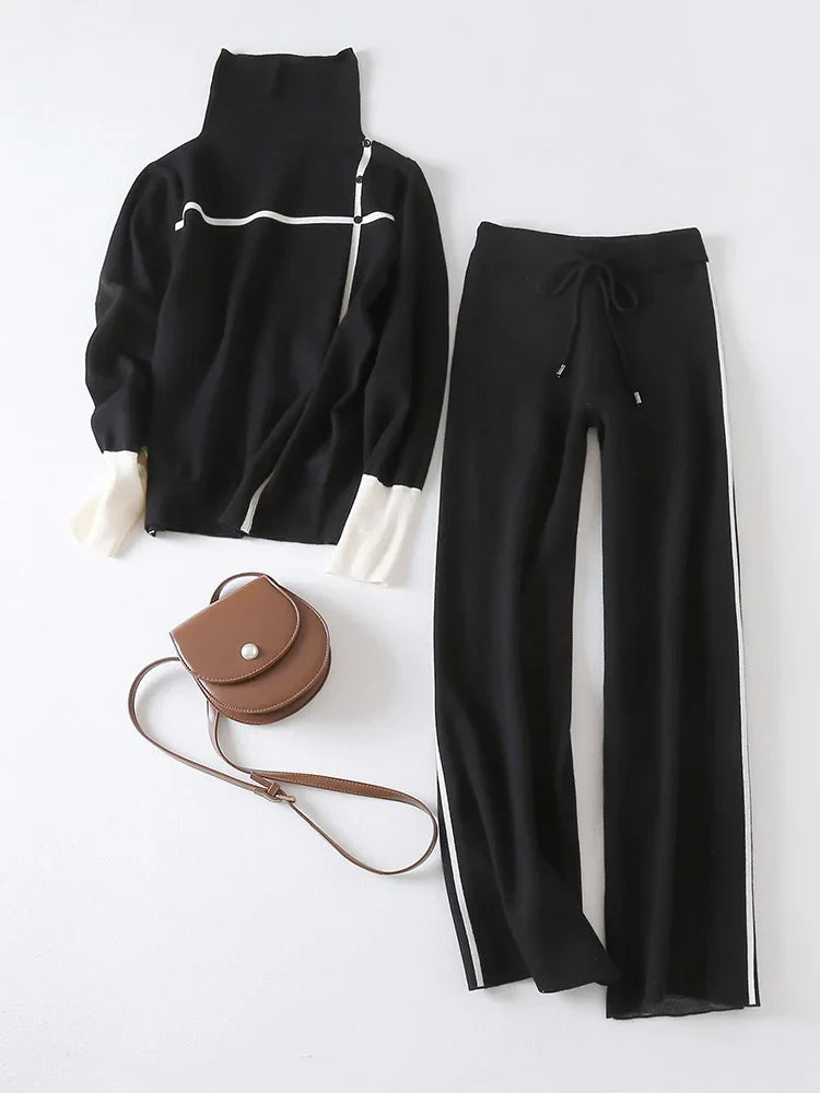 Knitted Sweater Suit Set for Women with Long Sleeve Pullover and Wide Leg Pants for Autumn and Winter Warmth