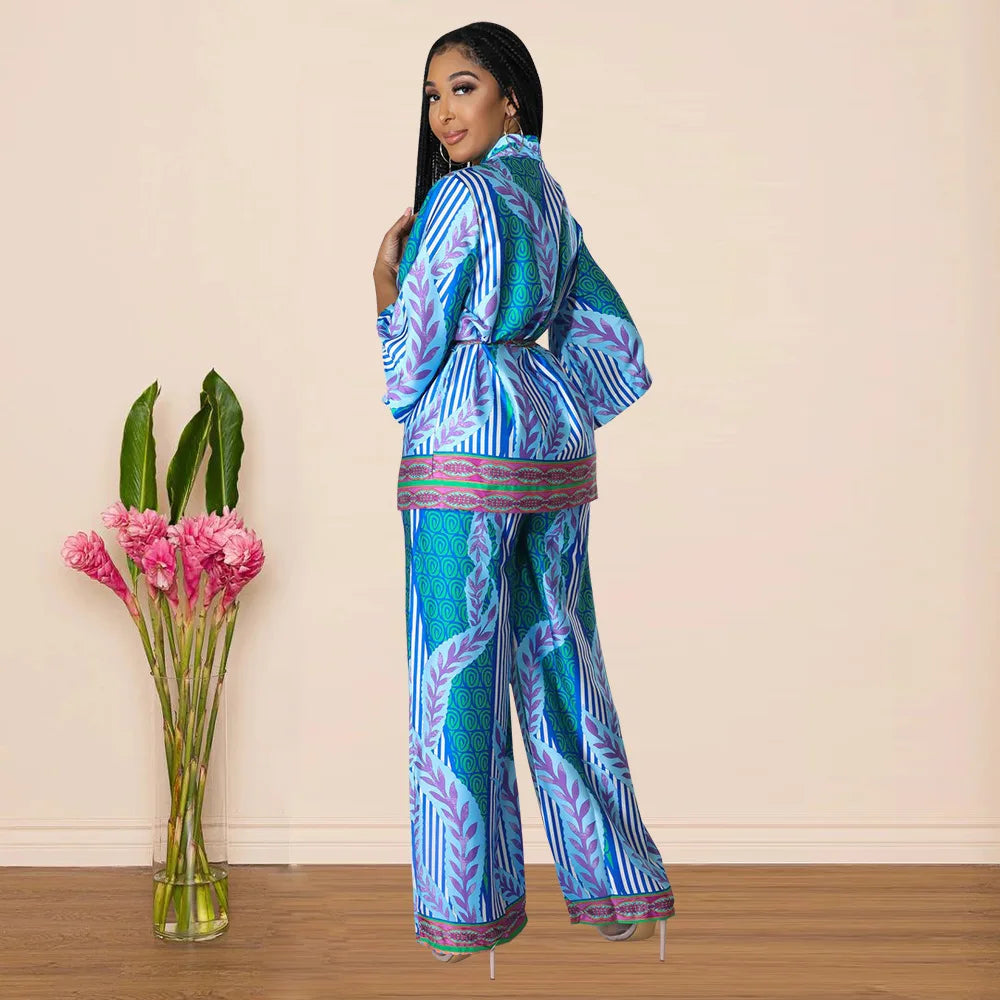 Women's Imitation Silk Printed Two Piece Set with Lace-Up Long Sleeve Top and Wide-Leg Pants for Casual Street Style