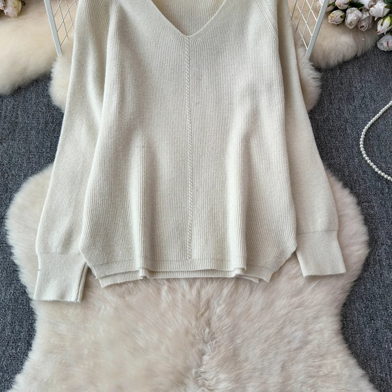 Cozy Knitted Two-Piece Women's Tracksuit Set with V-Neck Sweater and Straight Jogging Pants Autumn Winter Lounge Wear