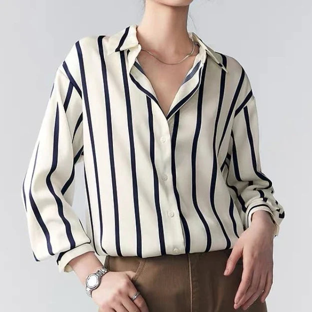 Vintage Striped Satin Women's Blouse Long Sleeve Turn-Down Collar Casual Loose Fit Shirt for Spring and Autumn