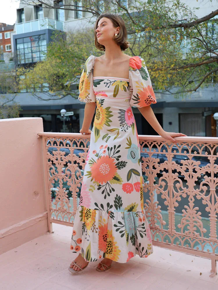 Bohemian Printed Lantern Sleeve Maxi Dress With Collar