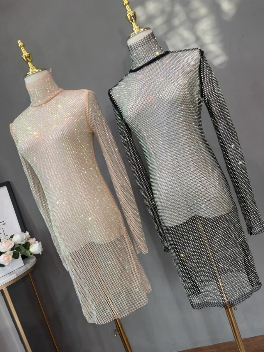 Rhinestone High Neck Glitter Party Dress Mid Length