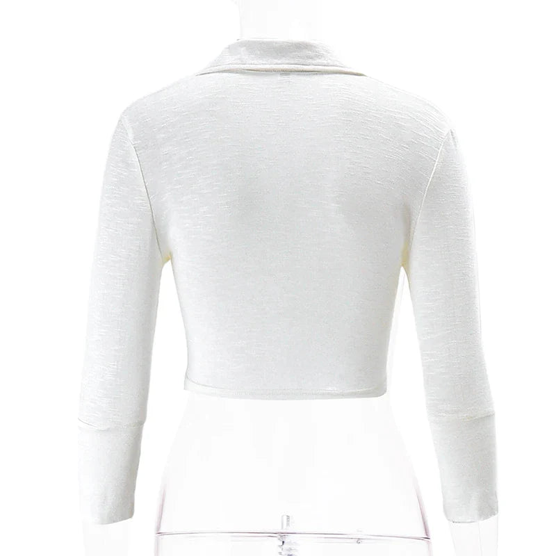 Sexy Polo Neck Button Up Crop Top Cardigan with Long Sleeves Twist Knot Bandage Vest for Women