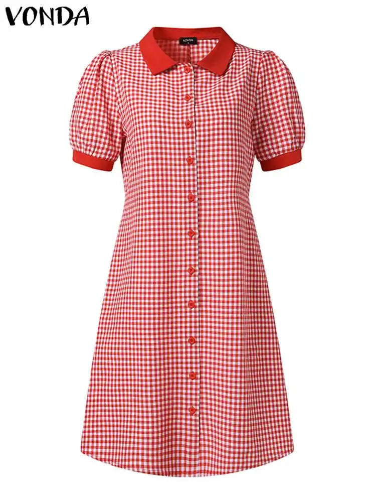 Boho Plaid Mini Dress Puff Sleeve A Line Sundress Style