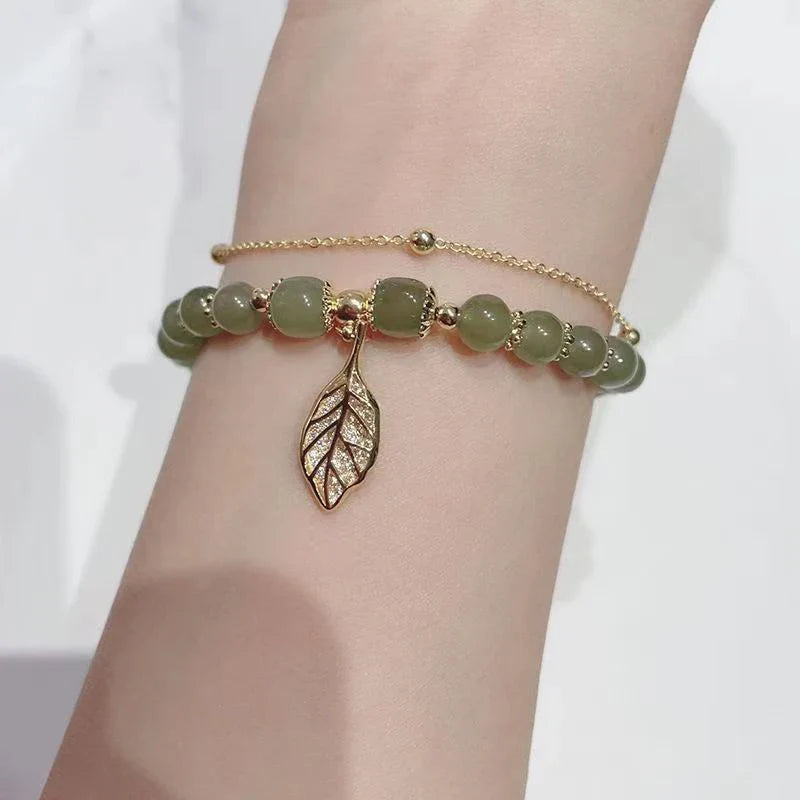 Chinese Style Green Jade Bracelet for Women with Gold Leaves Double Chain Design Elegant Bangle Gift for Special Occasions