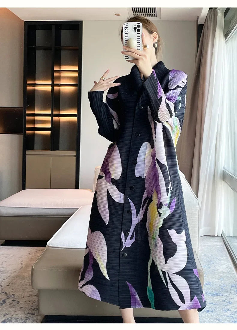 Printed Floral Midi Dress With Pleated Sleeves And Lapel