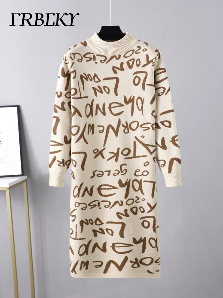 Vintage Knit Sweater Dress With Graffiti Letter Print