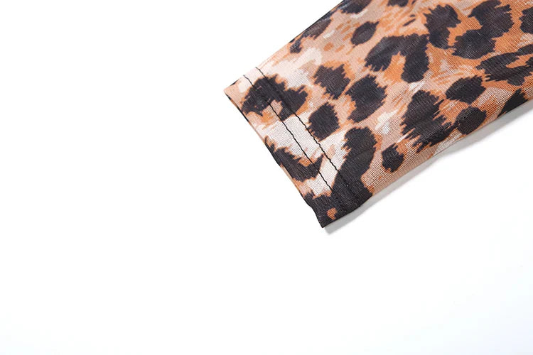 Sexy Leopard Print Mesh Jumpsuit for Women Full Sleeve Skinny Fit Round Neck One Piece Overalls