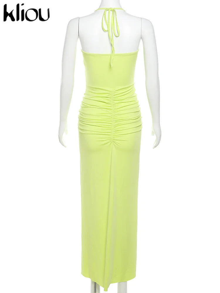 Halter Ruched Bandage Maxi Dress For Women Sleeveless