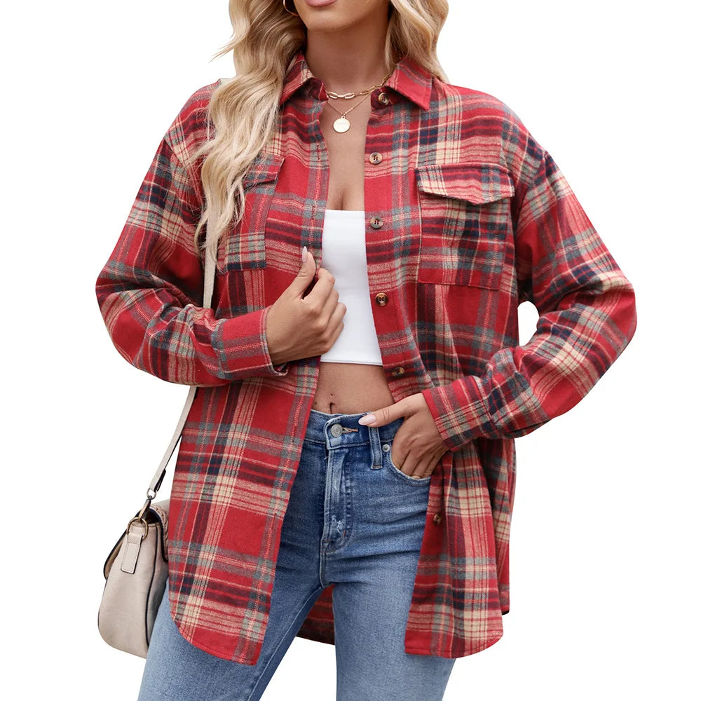 Women Plaid Button Up Shirt Loose Fit Warm Long Sleeve Casual Blouse with Pockets Autumn Winter Checkered Top Preppy Y2K Harajuku Style