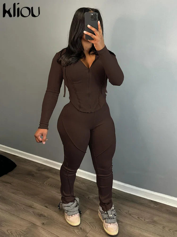 Casual Sporty 2 Piece Activewear Set for Women with Irregular Full Sleeve Zip-Up Hoodie and Slim Elastic Pants