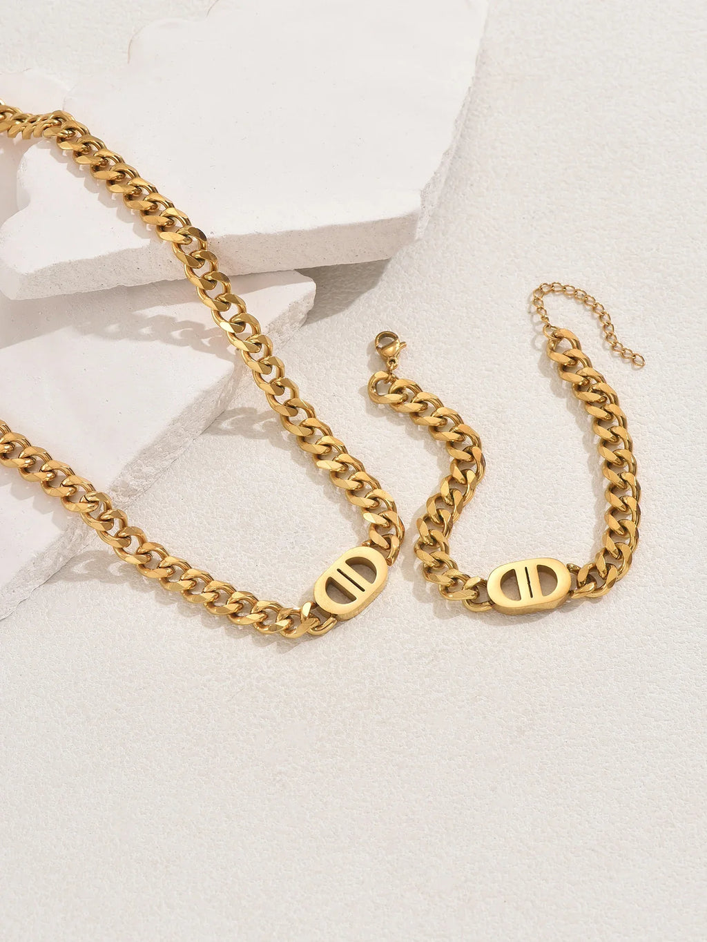 Gold Color Cuban Chain Necklace and Bracelet Set for Women with Geometric Charms