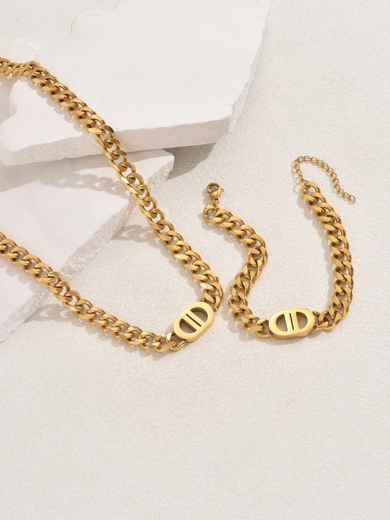 Gold Color Cuban Chain Necklace and Bracelet Set for Women with Geometric Charms