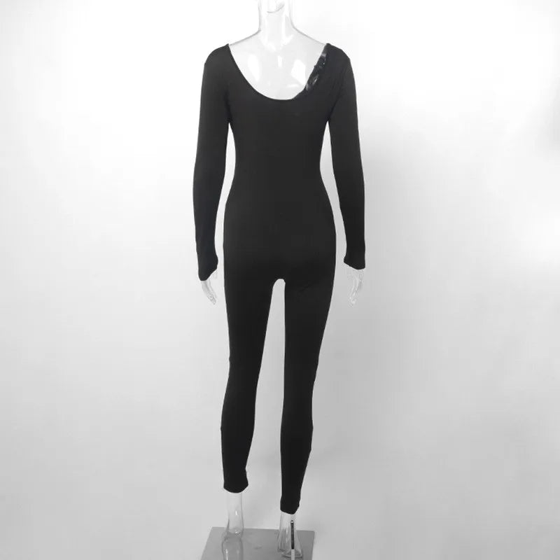 Women's Black Long Sleeve Bodycon Jumpsuit Slim Fit Sexy Solid Romper Casual Sporty Skinny Streetwear for Autumn Winter