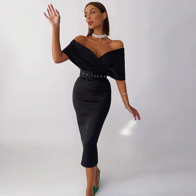 Off Shoulder High Waist Belted Summer Dress For Women