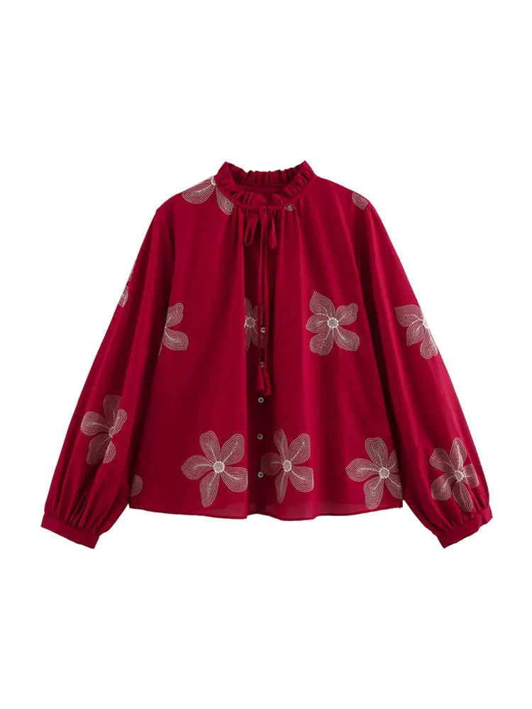Women's Floral Embroidered Long Sleeve Button-Up Blouse Elegant Chic Shirt Top