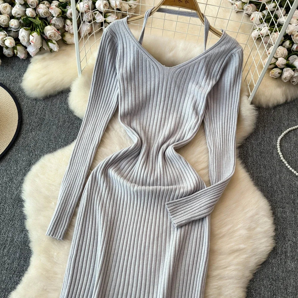 White Long Sleeve V Neck Lace Up Elegant Dress For Women