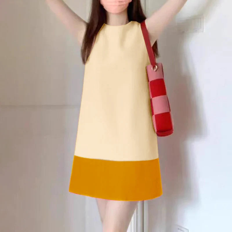 Korean Style Patchwork Sundress Sleeveless Round Neck Mini