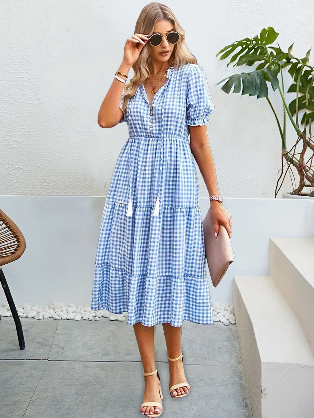 Plaid Short Sleeve Sundress A Line Tassel Elastic Waist