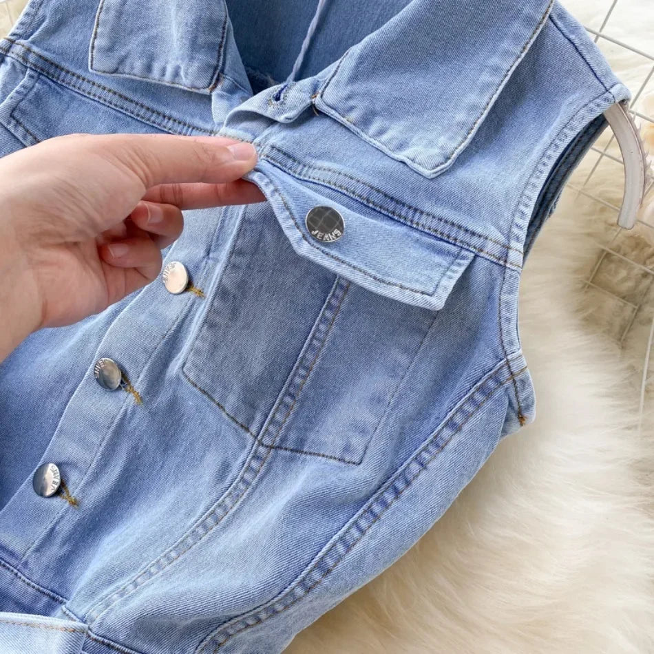 Denim Jumpsuit For Women Sleeveless Lace Up Slim Fit