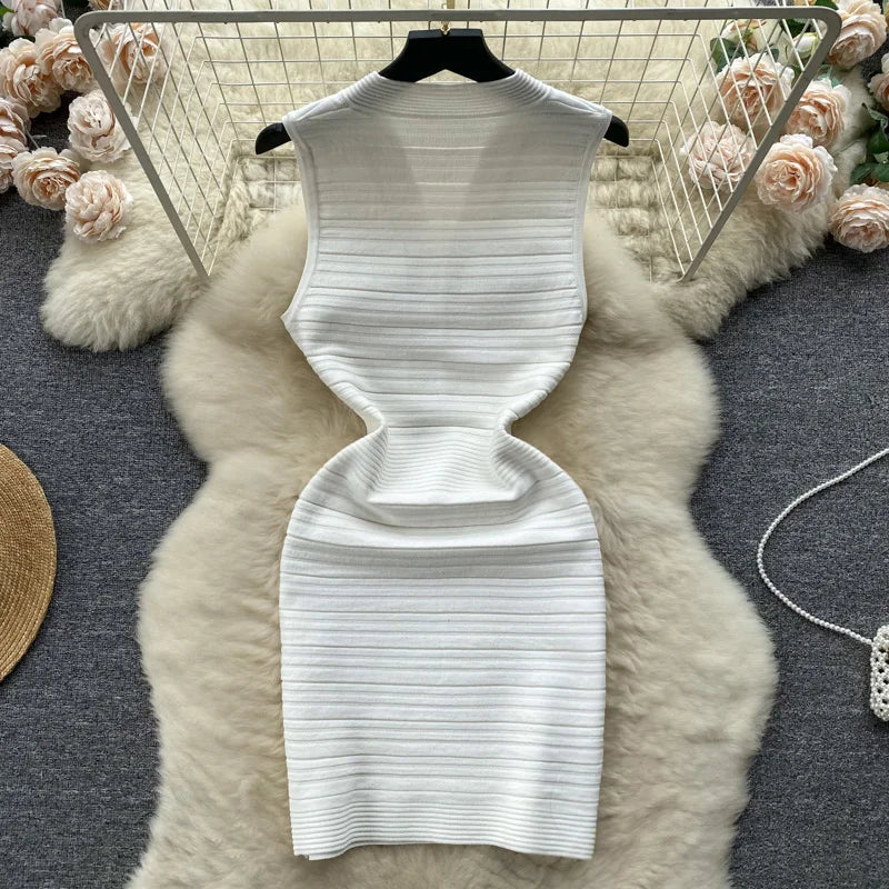 White Knit Tank Dress V Neck Sleeveless Bodycon Wrap Dress