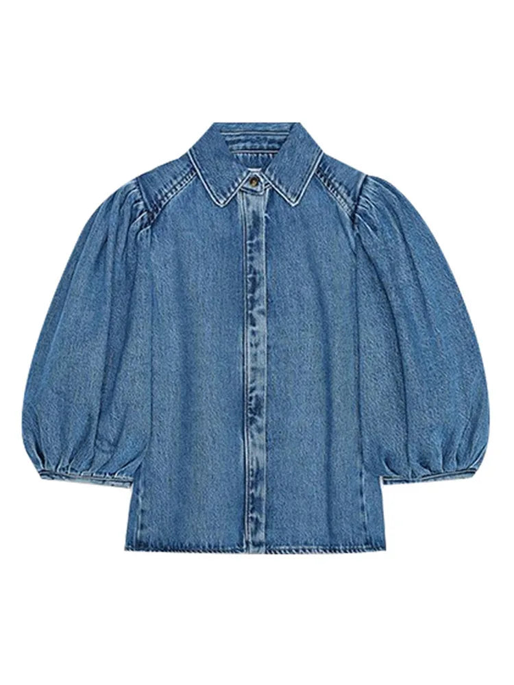 Street Denim Women's Puff Sleeve Shirt Solid Color Single Breasted Pleated Blouse Casual Half Sleeve Top for Spring and Summer